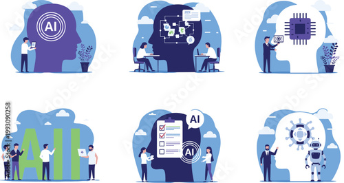 Artificial Intelligence Technology and Machine Learning Business Concept Vector Illustration Set Featuring AI Robot Microchip Human Mind and Digital Innovation for Corporate Design