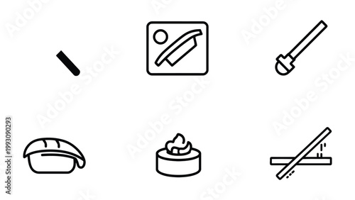 Sushi Elements Line Art: A selection of delicate line art icons, each portraying elements of the art of sushi preparation and presentation, offering a clean, modern aesthetic.