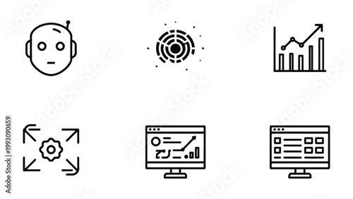 Digital Transformation Icons: A collection of sleek, minimalist icons represents various facets of digital transformation and technological innovation.