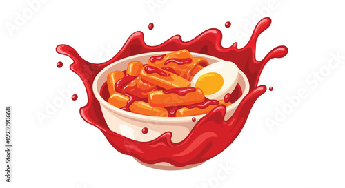 Illustration of Korean spicy tteokbokki rice cakes in a bowl with sauce splash.