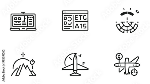 Aviation Icon Collection: A set of six meticulously crafted line art icons that encapsulate the essence of aviation, including an airplane, cockpit display, control panel, radar screen.