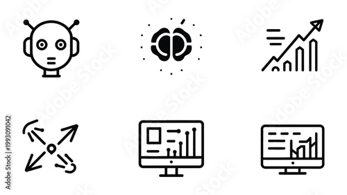 Technological Innovation Icons: Set of symbolic icons representing technological concepts like artificial intelligence, data analysis, and market trends.