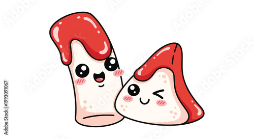 Cute Kawaii Pudding Characters with Red Strawberry Topping.
