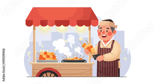 Happy street food vendor grilling delicious skewers at his mobile stall.