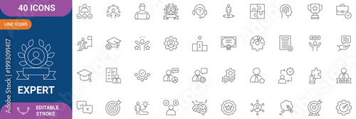 Expert Icon Set. Containing Competence, Expertise, Knowledge, Skill, Specialist, Experience, Advice, Professional, Consultant, Service and etc. Line Icon. Editable Stroke. Vector file