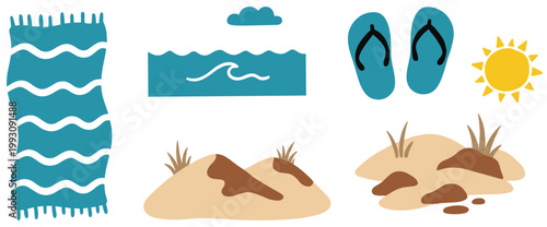 Stylish collection of summer beach holiday elements, flat vector illustration icon set isolated on white background.