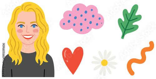 Charming vector illustration of a smiling blonde woman with whimsical nature and abstract elements.