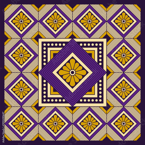 Traditional Geometric Ethnic Pattern in Purple and Yellow