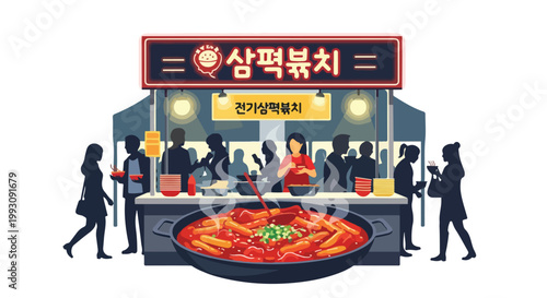 Korean Street Food Stall Serving Spicy Tteokbokki with Customers.