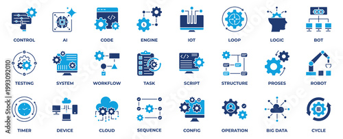 Automation icon collection set. with icon robot, cloud, process, technology, innovation, big data, system and more. Solid blue style vector illustration. 