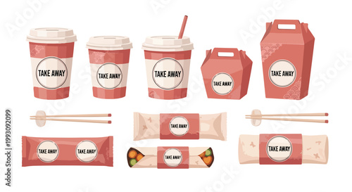 Set of takeaway food packaging and drink cups with branding.