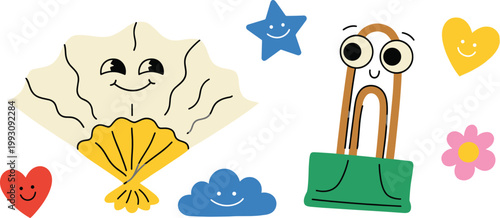 Playful vector illustration of cute kawaii everyday objects with happy faces, including a fan, paperclip, and stars
