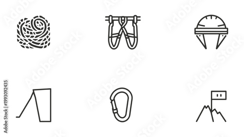 Adventure Essentials: A collection of minimalist line icons representing the core equipment needed for mountain climbing, hinting at the thrill of reaching new heights and the spirit of adventure.
