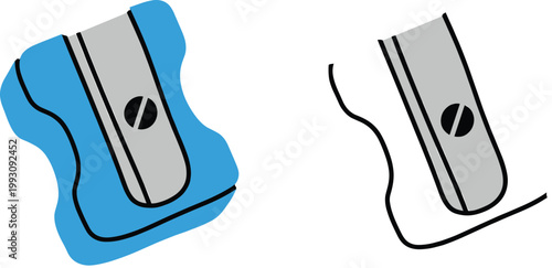 Vector illustration of a blue and gray pencil sharpener, with an outline version for versatile design projects.