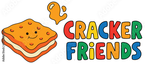 Smiling cracker friends vector logo design featuring a cute sandwich cracker and playful bold colorful text.