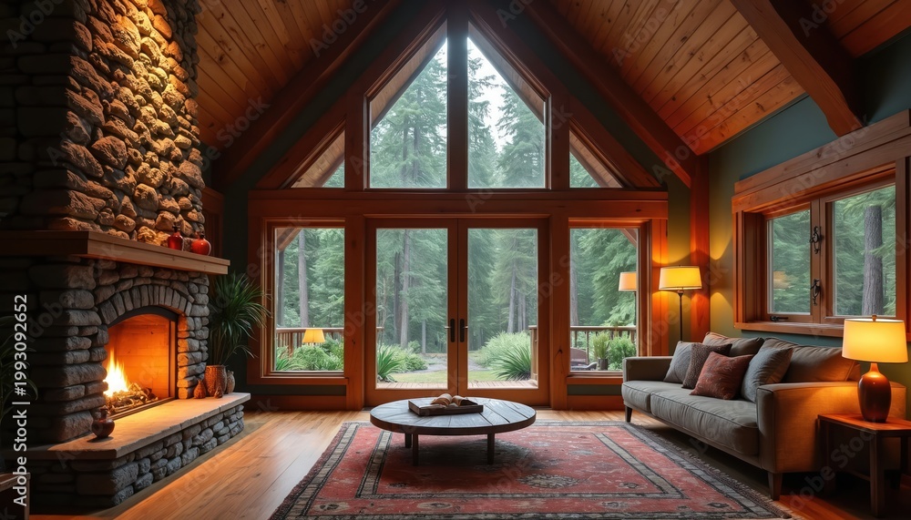 Fototapeta premium Warm A-frame cabin interior with stone fireplace and large windows overlooking forest. Cozy living room features sofa, coffee table, and rug, inviting peaceful relaxation.