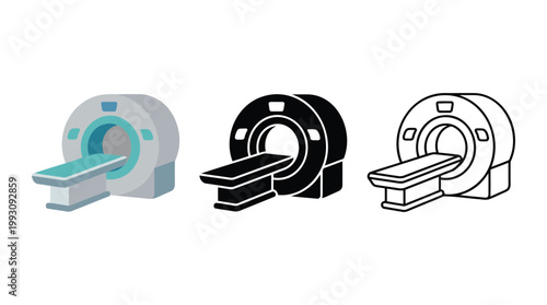 MRI scanner machine icon set with color filled outline and silhouette styles.