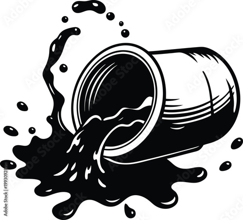 Dynamic black liquid dramatically spills from a tipped metal container creating an exciting splash on a surface