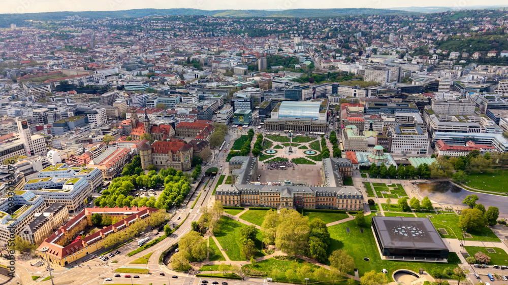 Obraz premium A panoramic aerial view above the old town and downtown in the Stuttgart the capitol city of Baden-Württemberg in Germany on a sunny spring day