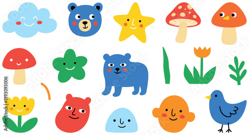 Cheerful collection of cute cartoon nature elements and animal characters.