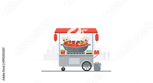 Flat illustration of a traditional Chinese street food stall with a steaming wok.