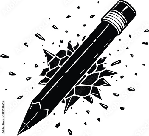 Dynamic pencil breaks through a textured surface with shattering fragments forcefully