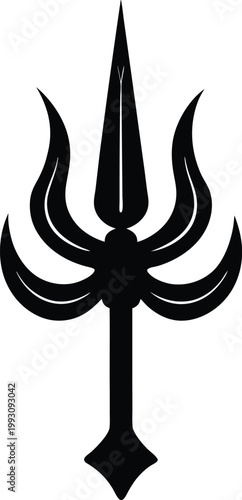 Elegant black trident icon featuring a central spear and multiple symmetrical leaf like prongs