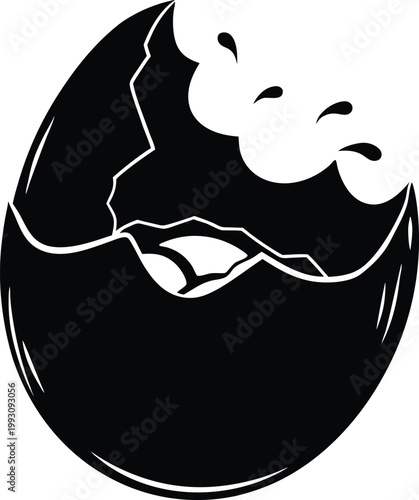 Empty broken egg shell silhouette showing jagged edges and splashes of liquid