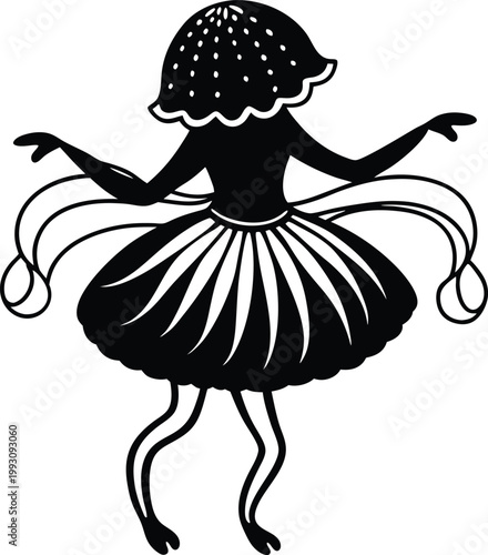 Enchanting mushroom fairy creature gracefully dancing with frilly skirt and flowing ribbons