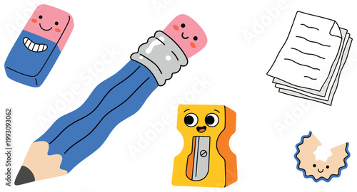 Adorable collection of anthropomorphic school supplies, featuring a smiling pencil, eraser, sharpener, and paper.
