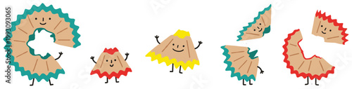 Playful anthropomorphic pencil shavings with expressive faces, arms, and legs, forming cute characters.