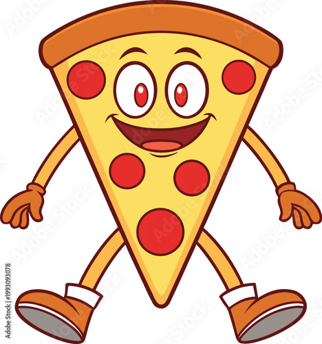 Energetic Cartoon Pizza Slice Character Smiling with Open Mouth and Brown Footwear