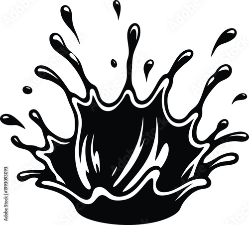 Energetic dark liquid splash with upward spray and radiating ripples on a surface
