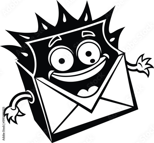 Expressive happy cartoon mail envelope character with spiky edges smiles broadly