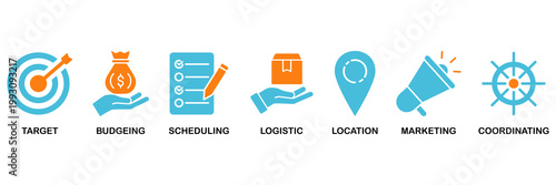 Event management icon set Aqua Orange Flat concept for target, budgeting, scheduling, logistics, location, marketing, and coordination