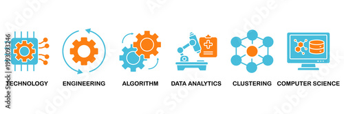 Machine learning icon set Aqua Orange Flat concept for technology, engineering, algorthm, data analytics, clustering and computer science