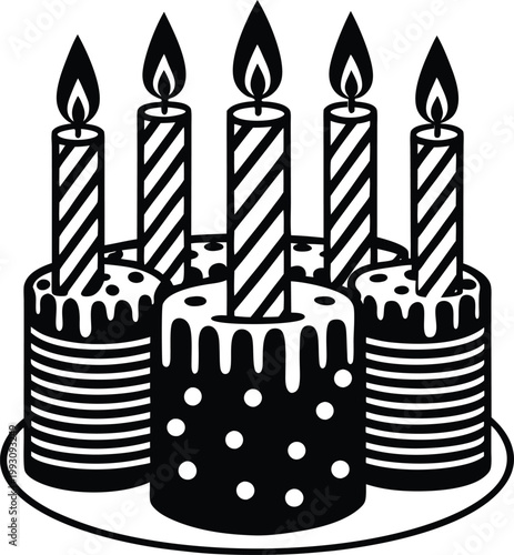 Festive Birthday Cake with Five Glowing Striped Candles for Special Celebrations