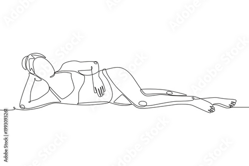 Woman sunbathing on the beach. Sunbathing concept one-line drawing