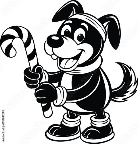 Festive cartoon dog dressed in winter attire holding a striped candy cane for holiday celebrations