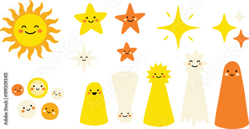 Collection of cute vector cartoon suns, stars, and whimsical shapes with happy faces. Isolated elements.