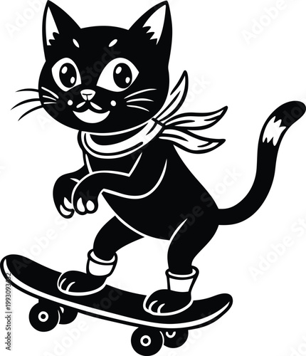 Cute black cartoon cat character skillfully riding a skateboard while wearing a stylish neck scarf