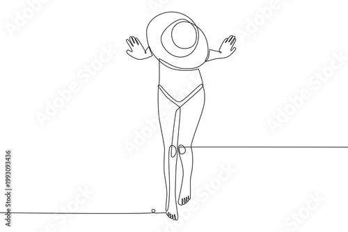 Woman sunbathing on the beach. Sunbathing concept one-line drawing
