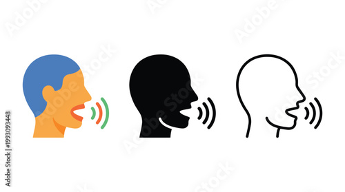 Speaking person head silhouette with sound waves icons for communication and voice concept.