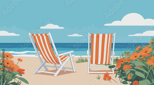 Beach Chairs and Orange Flowers by the Ocean