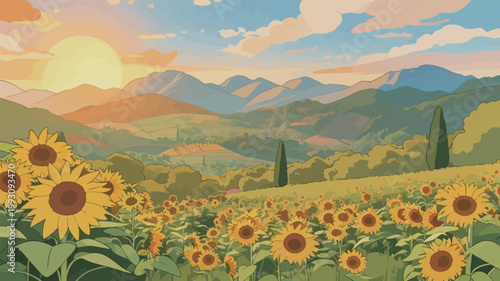 Sunflower Field with Rolling Hills and Sunset