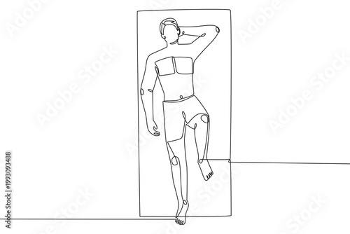Man sunbathing on the beach. Sunbathing concept one-line drawing