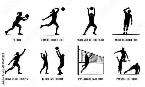 Volleyball player positions and movements  various actions and roles in volleyball  setter outside hitter right side hitter middle blocker