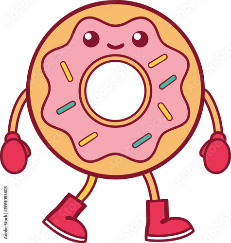 Cute Pink Iced Donut Character Smiling with Sprinkles Red Boots and Gloves