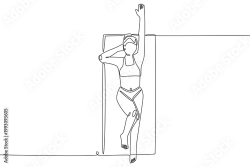 Woman sunbathing on the beach. Sunbathing concept one-line drawing