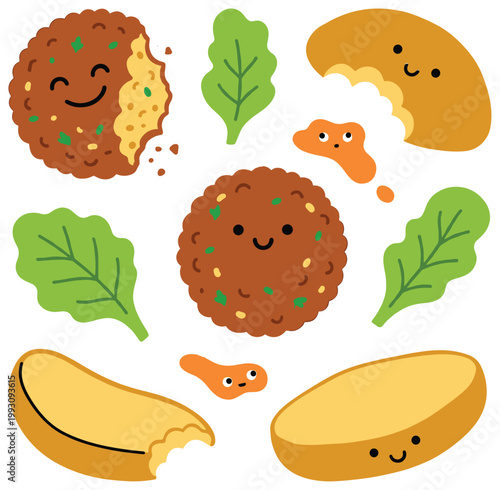Cute cartoon falafel and potato wedges vector illustration, depicting smiling vegetarian food items.